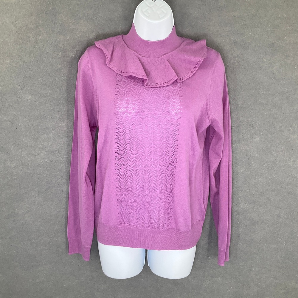 J.Crew Merino Wool Ruffle Mock Neck Sweater Women's Size‎ M Purple Knit Top